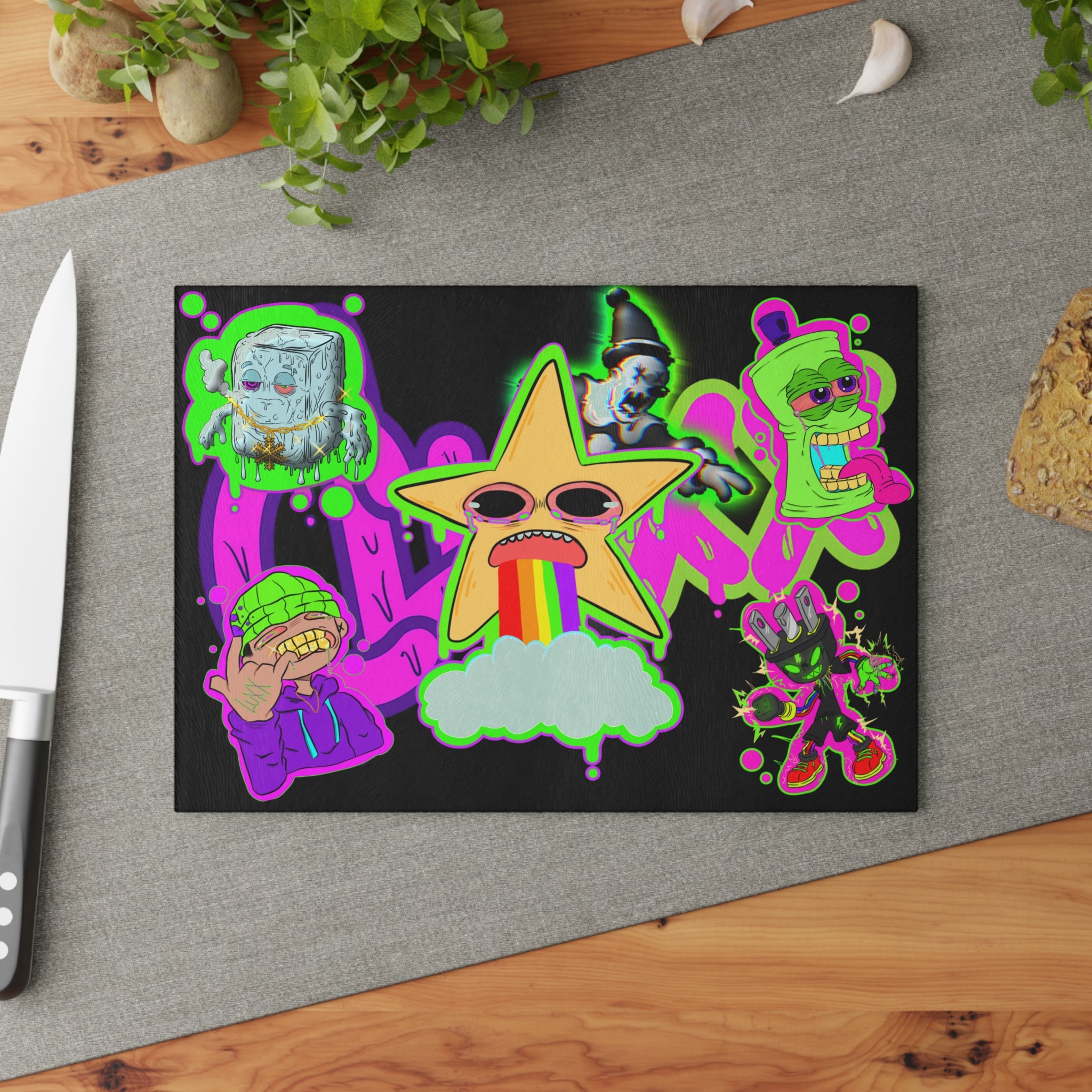 Psychedelic Sticker Mashup Glass Cutting Board | Rainbow Star Vomit