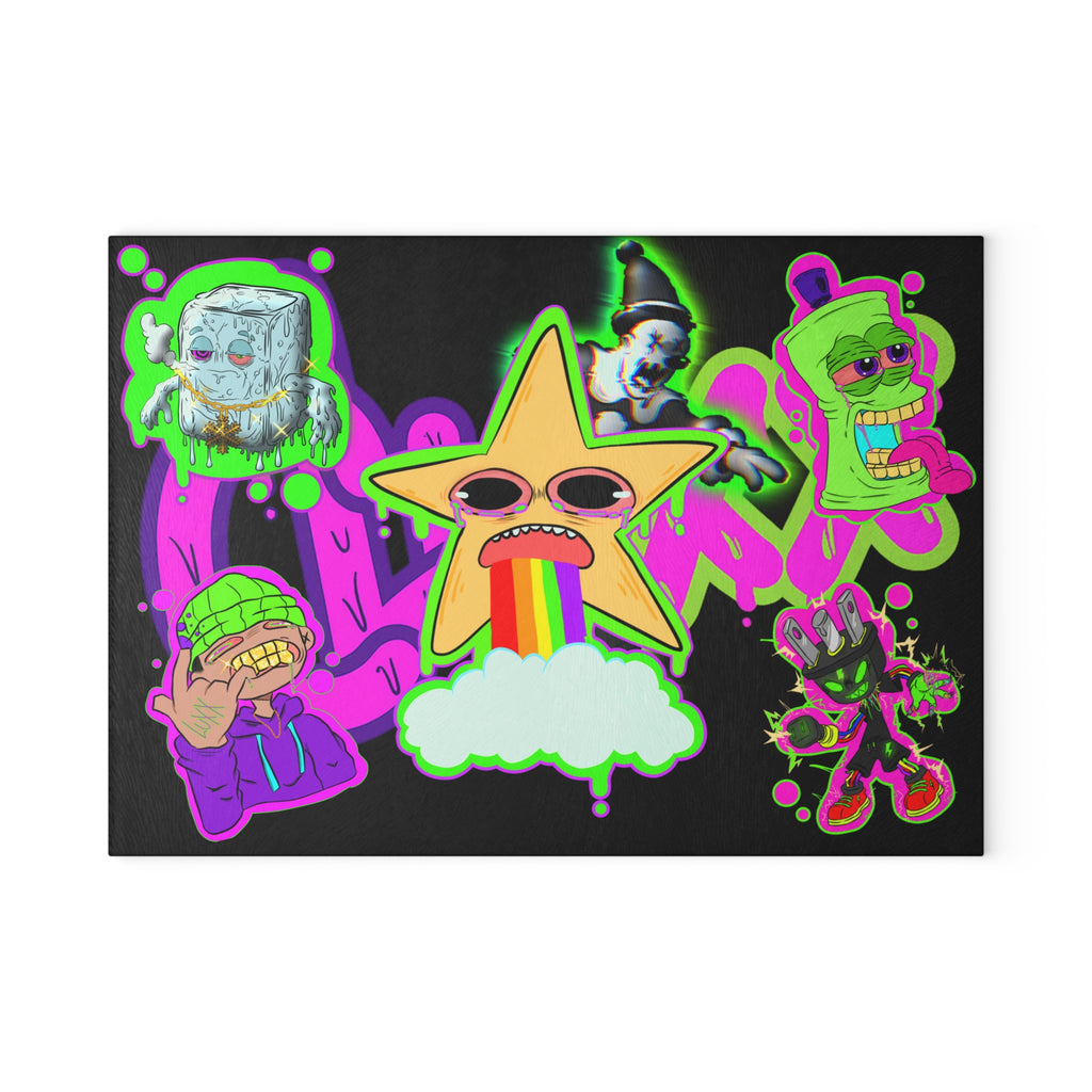 Psychedelic Sticker Mashup Glass Cutting Board | Rainbow Star Vomit