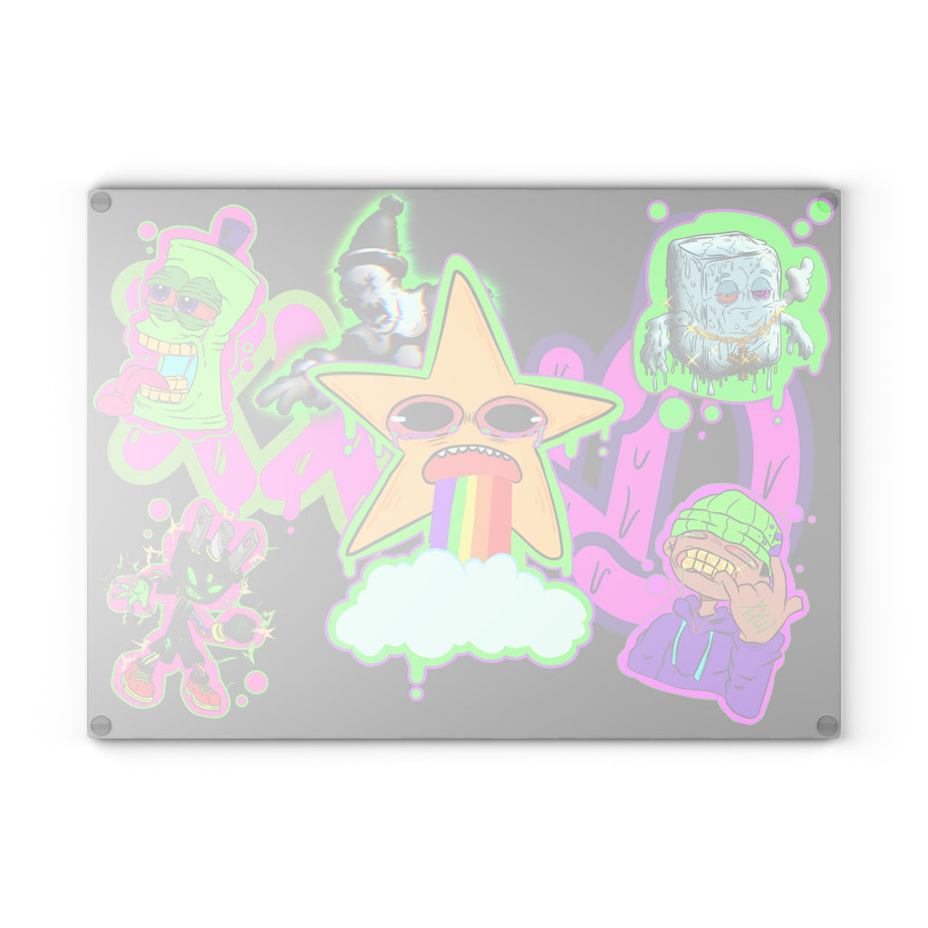 Psychedelic Sticker Mashup Glass Cutting Board | Rainbow Star Vomit