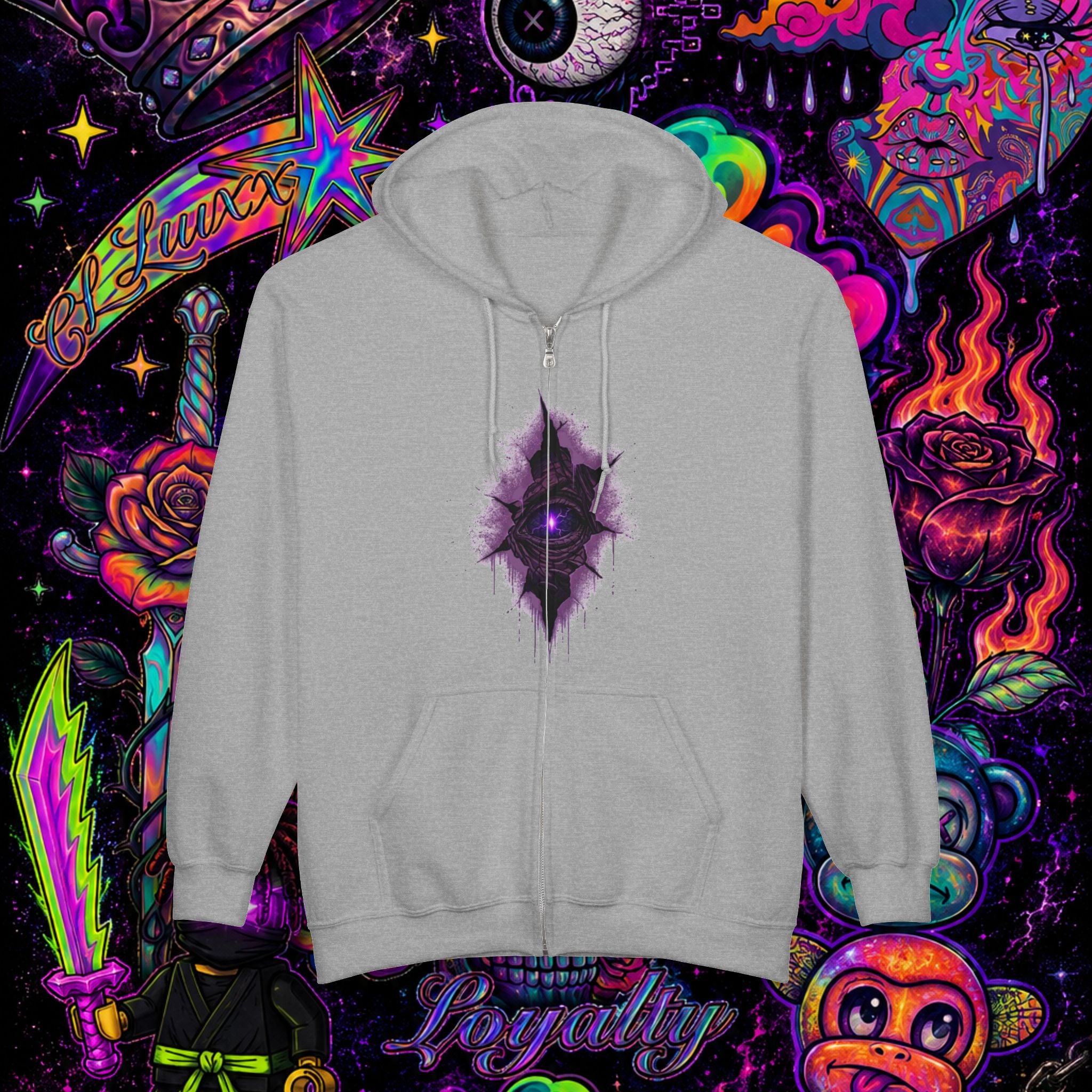 Purple Cosmic Crown Full-Zip Hoodie | Premium Graphic Zip-Up Sweatshirt