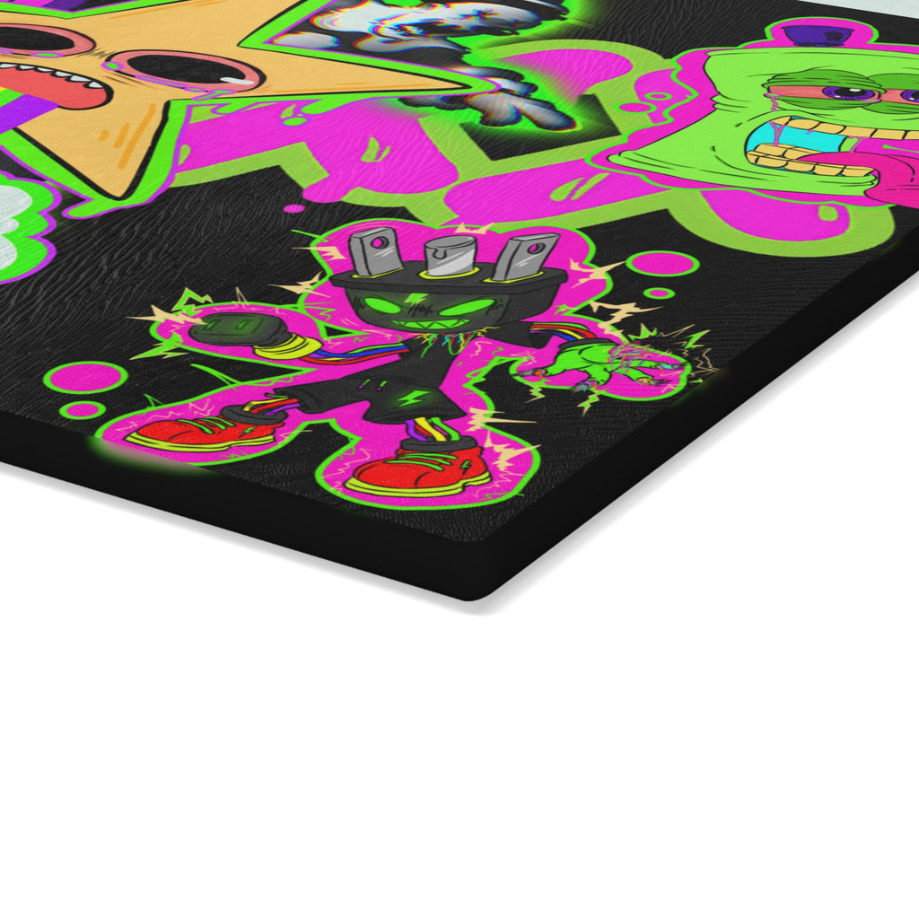 Psychedelic Sticker Mashup Glass Cutting Board | Rainbow Star Vomit