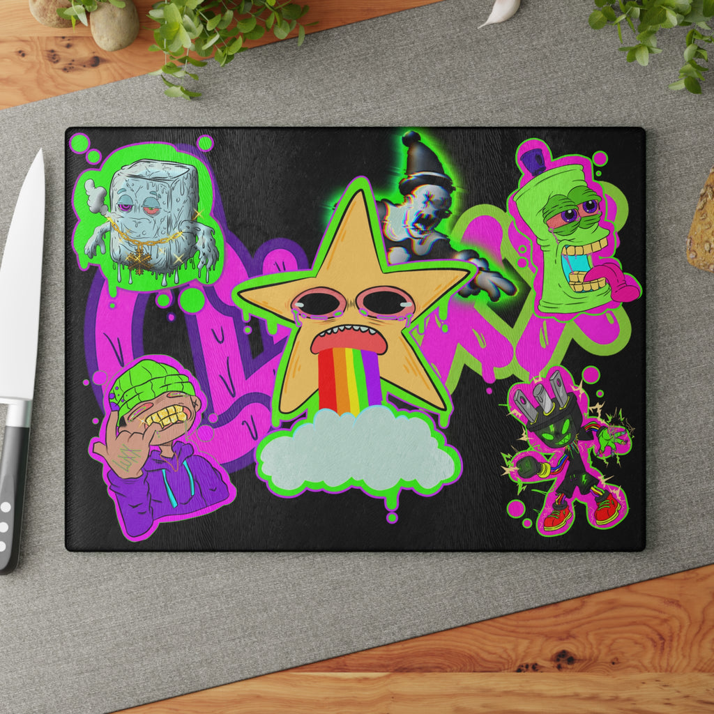 Psychedelic Sticker Mashup Glass Cutting Board | Rainbow Star Vomit