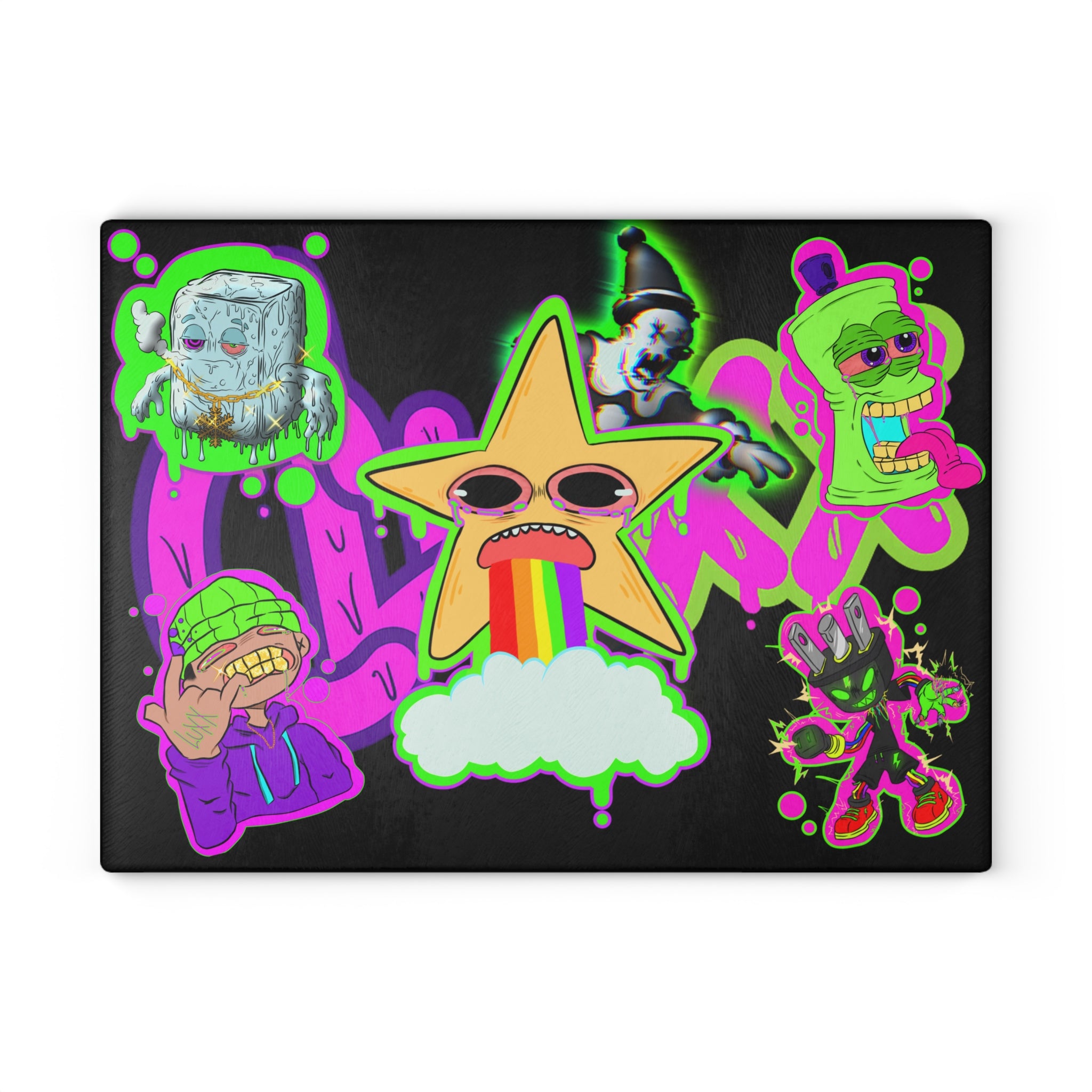 Psychedelic Sticker Mashup Glass Cutting Board | Rainbow Star Vomit