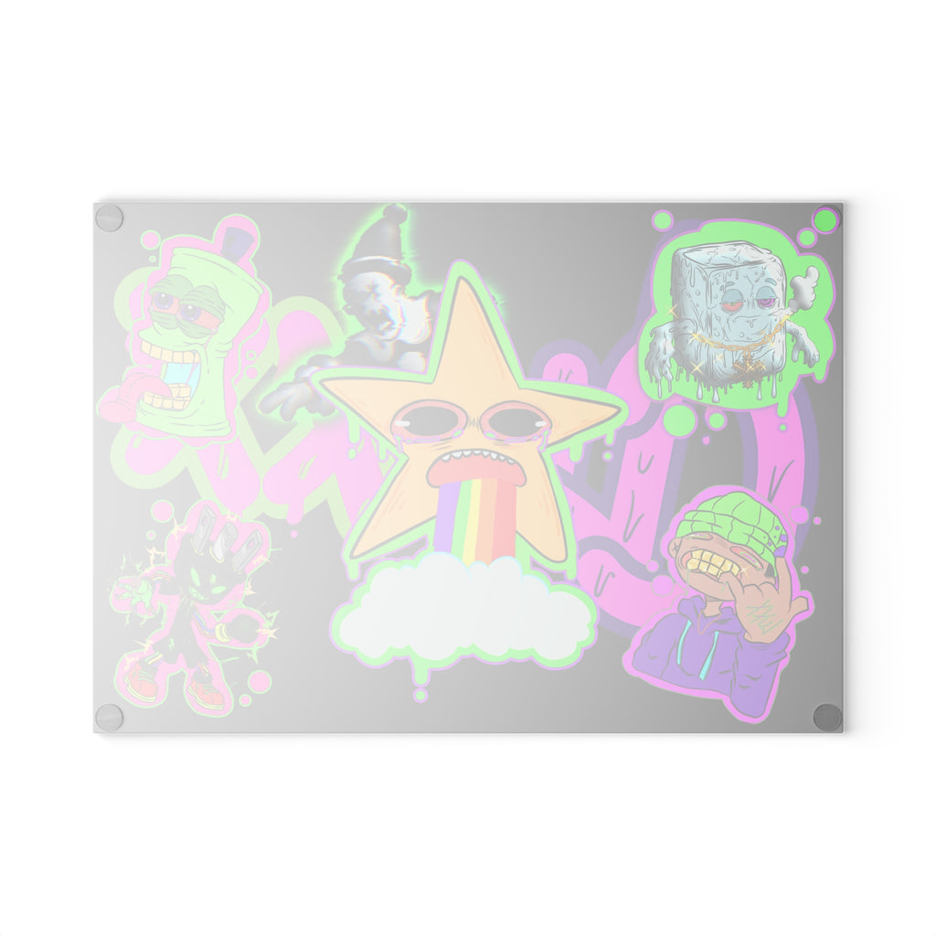 Psychedelic Sticker Mashup Glass Cutting Board | Rainbow Star Vomit