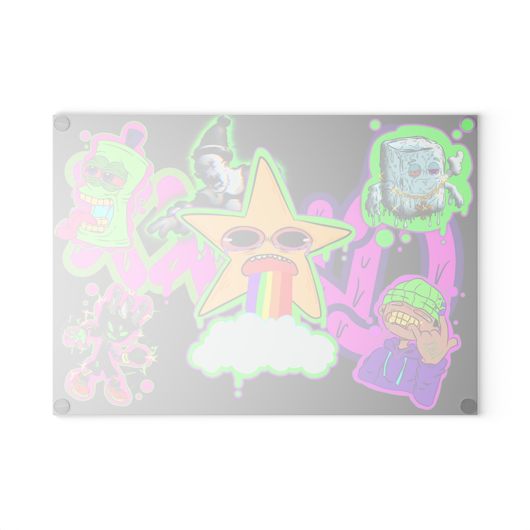 Psychedelic Sticker Mashup Glass Cutting Board | Rainbow Star Vomit