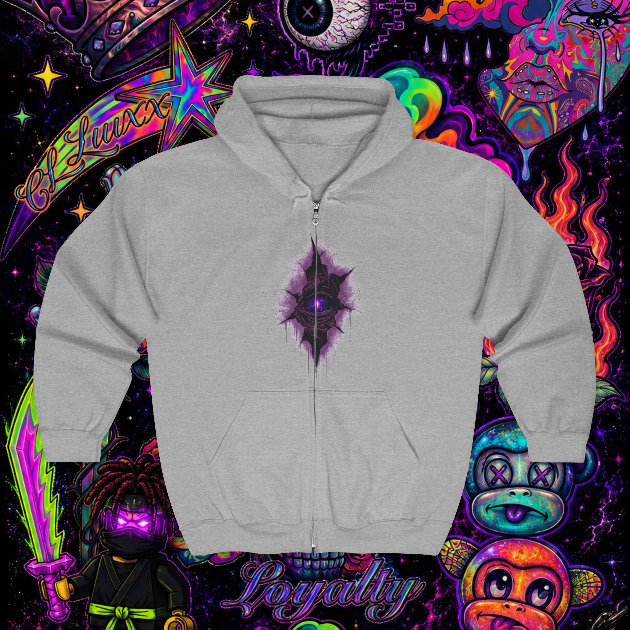 Purple Cosmic Crown Full-Zip Hoodie | Premium Graphic Zip-Up Sweatshirt