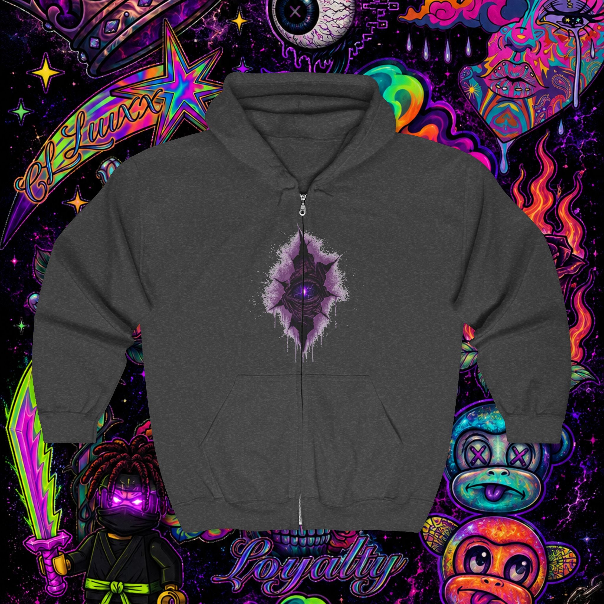 Purple Cosmic Crown Full-Zip Hoodie | Premium Graphic Zip-Up Sweatshirt